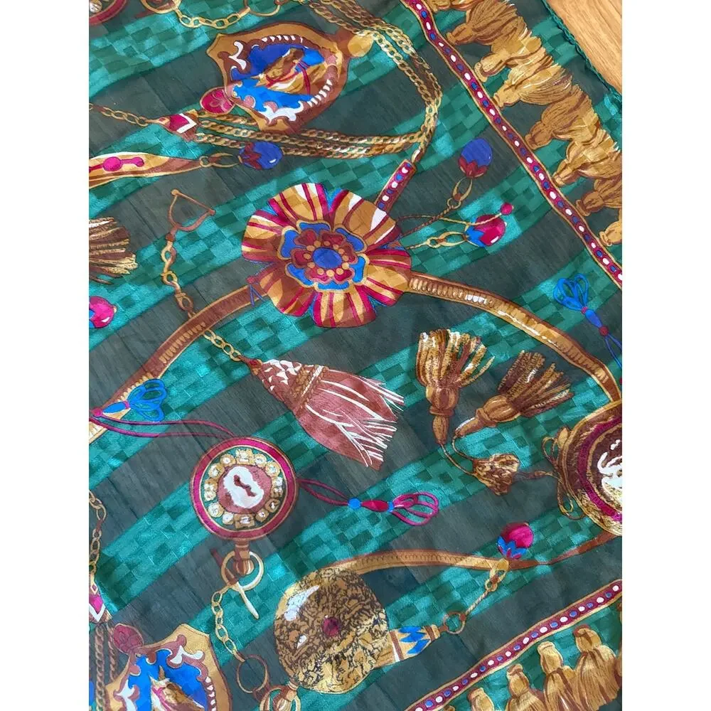 Vintage Silky Striped Green and Gold Scarf